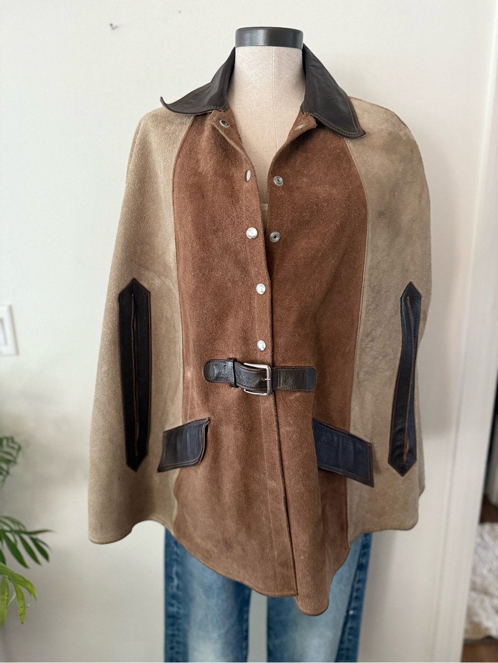 Rare vintage 1960's Suede Colorblock Cape Jacket with Leather Trim - Brown/Tan